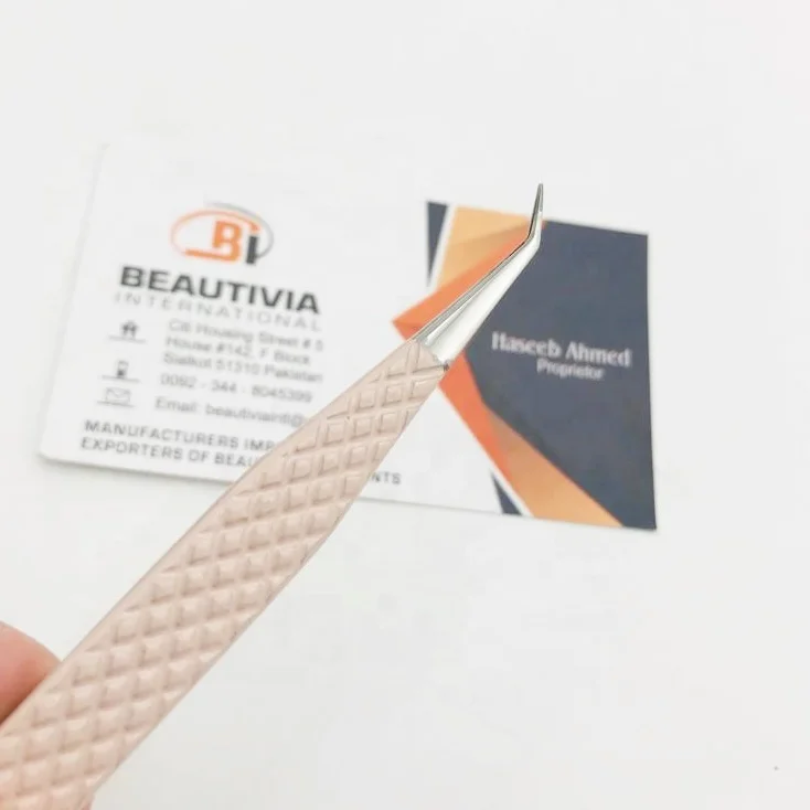 45 Degree Angled Sustainable Steel Tweezers Custom Logo Nude Peach Color Eyelash Extension Titanium Curved High Applicator