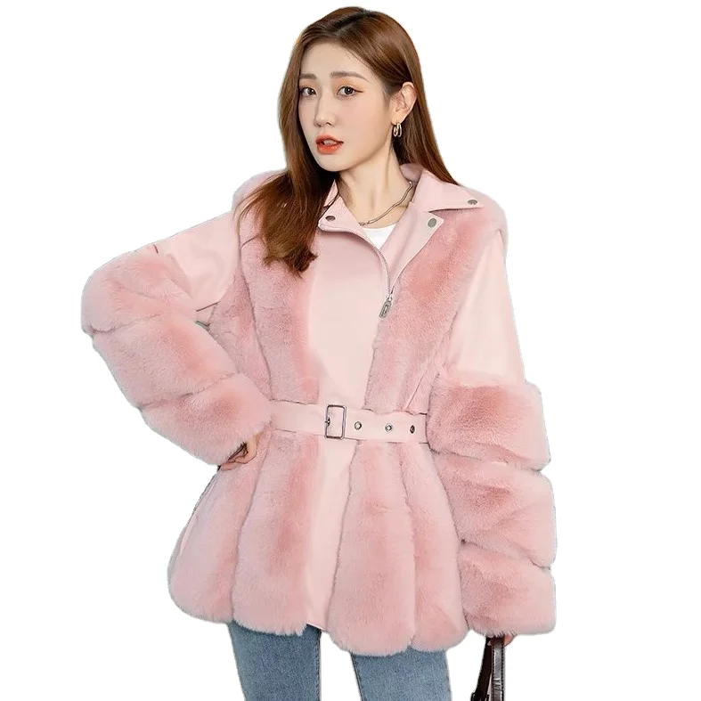 Women autumn and winter fur coat mid-length raccoon fur motorcycle clothing fashion korean imitation rex rabbit jacket