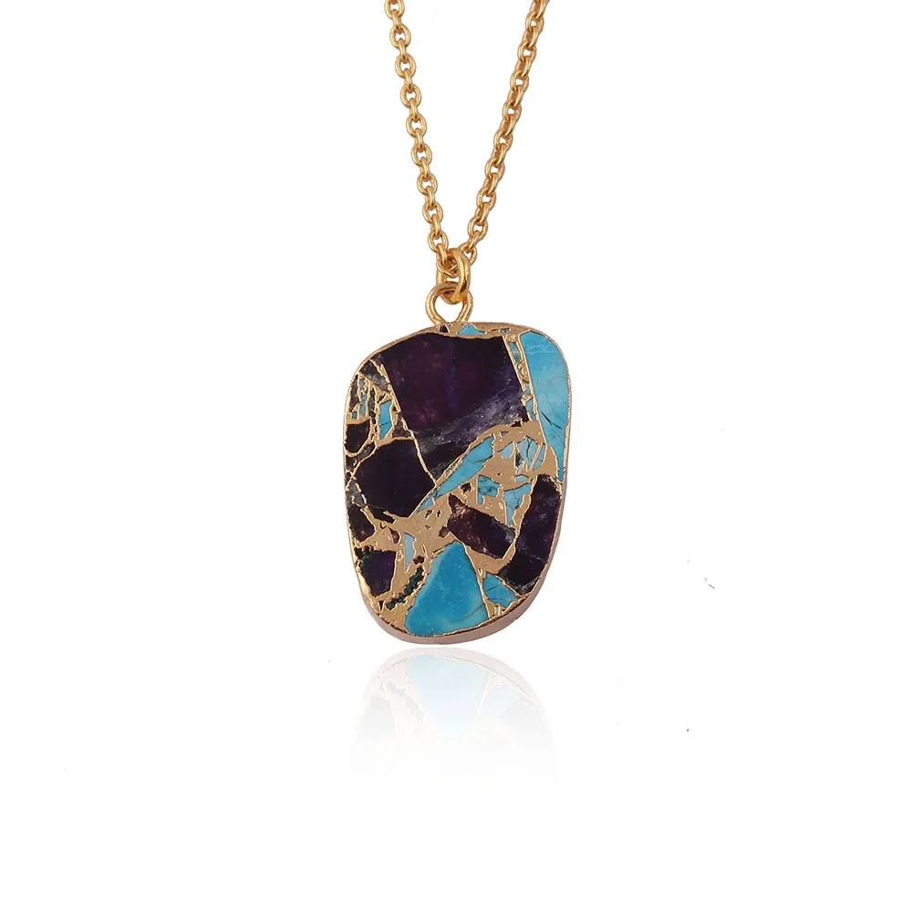 Dendrite Opal & Pink Fuchsia Gemstone Necklace  Pear Shape Stone Dangle Necklace Gold Electroplating Jewelry Mode Joyas N-041