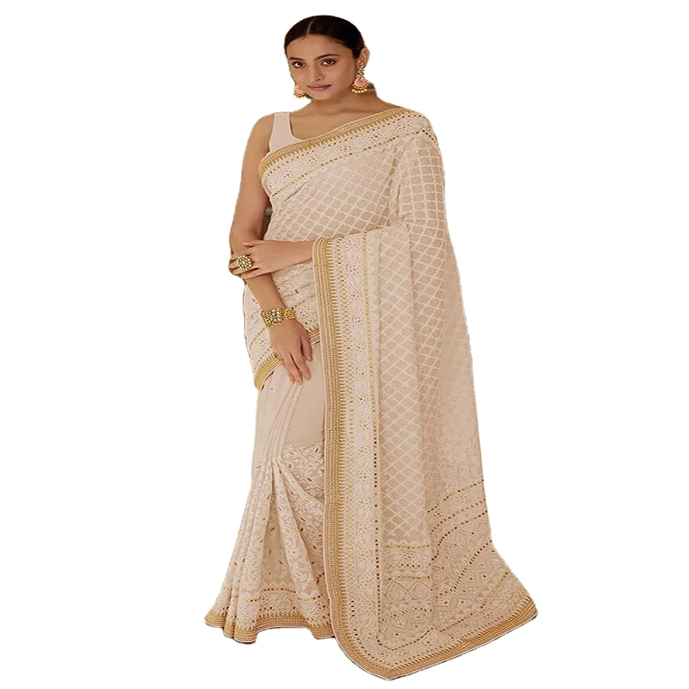 Designer Party Wear Georgette Thread Mirror Sequins Work Stylish Saree Collection