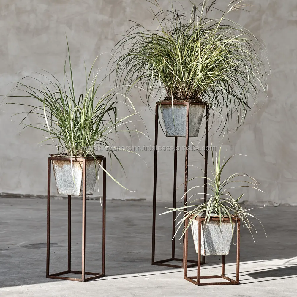 S/3 Galvanized rustic tapered Planters with rustic stands home decoration and outdoor floor decoration Planters pots
