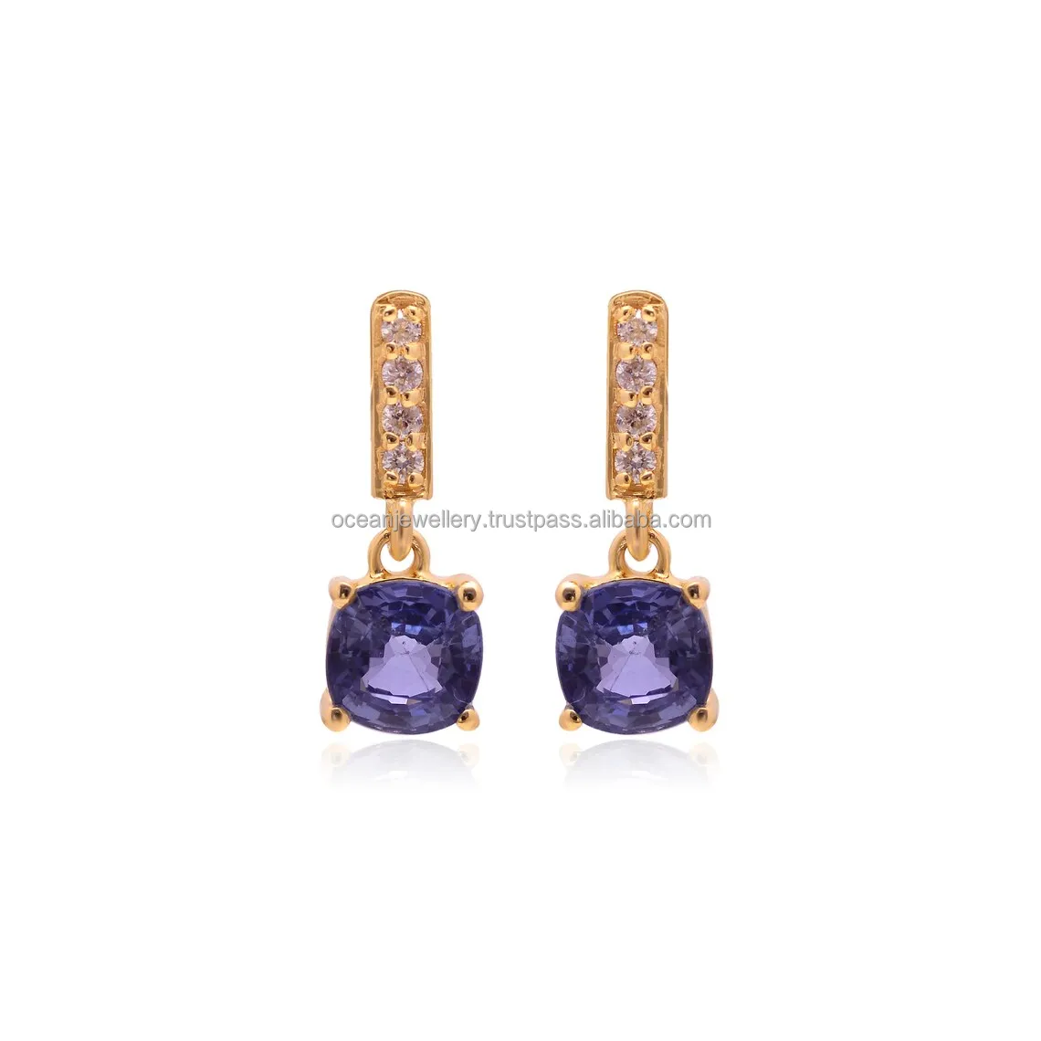 Wholesale 14k Yellow Genuine Blue Sapphire and Diamond 14K Yellow Gold Earrings Drop Earring For Women