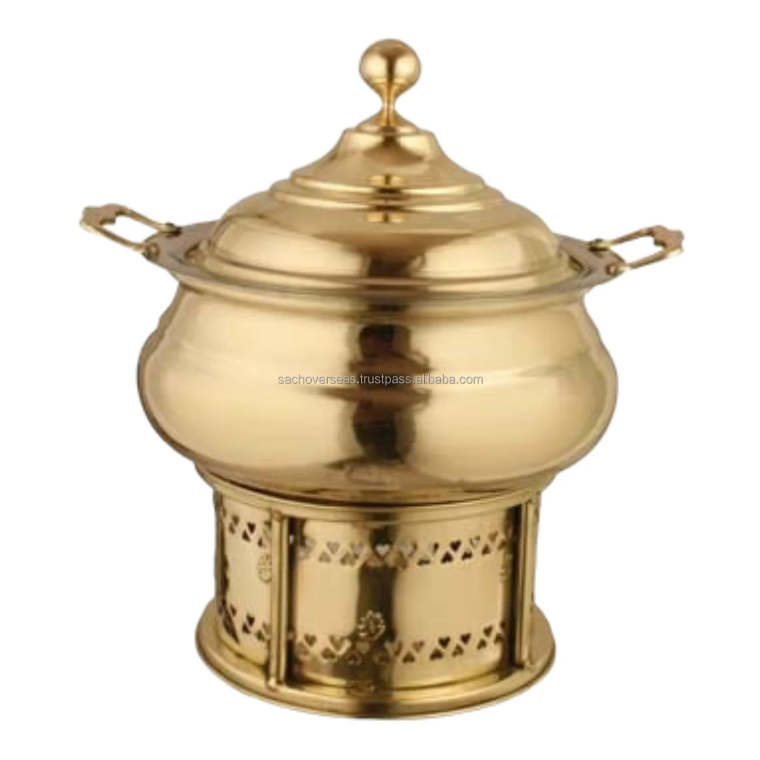 Traditional Spherical Shaped Floral Carving Design Metal Chafing Dish with Brass Designer Handle For Buffet Hot Food Warmer