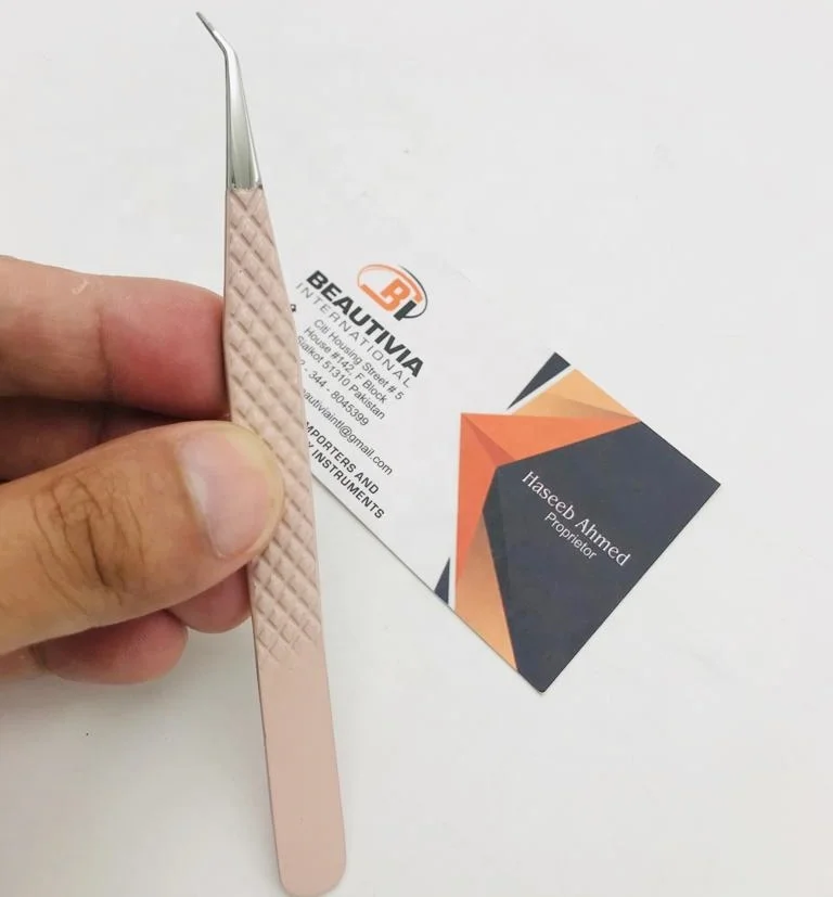 45 Degree Angled Sustainable Steel Tweezers Custom Logo Nude Peach Color Eyelash Extension Titanium Curved High Applicator