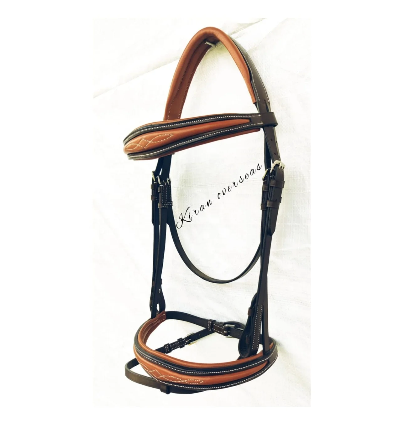 Hot Selling Black Leather Anatomic Design English Bridle Handmade SS / Brass Fitting Tan Padded Stitched Brow Band Noseband