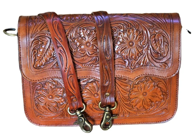 Fashion vintage style handmade leather slings bags crossbody bags with TOOLING work designer handmade ladies bags