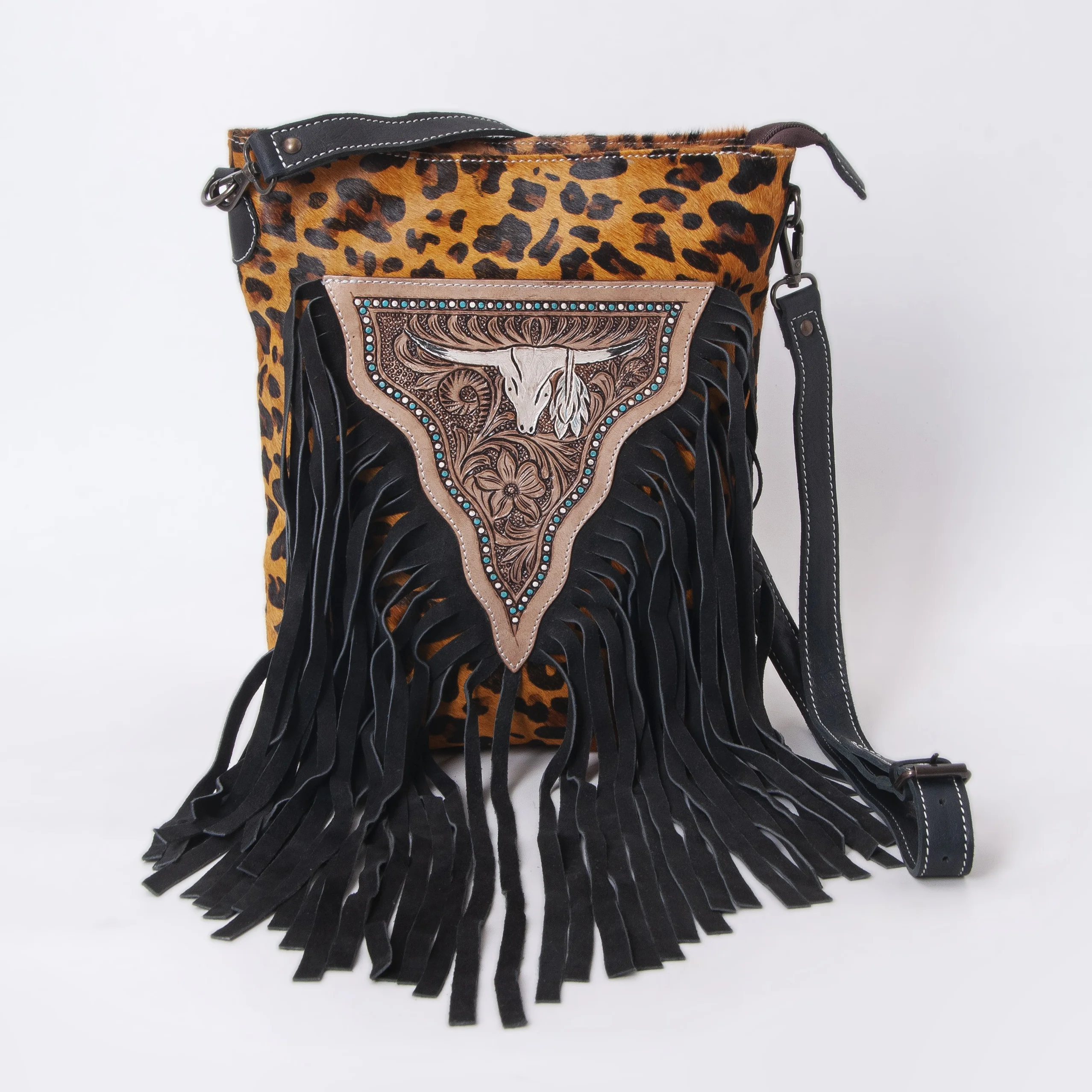 Handmade Sky  Aztec Crossbody Bag with Concealed Carry On Back and Boho Suede Leather Fringe Tooled Patch Of Floral Design