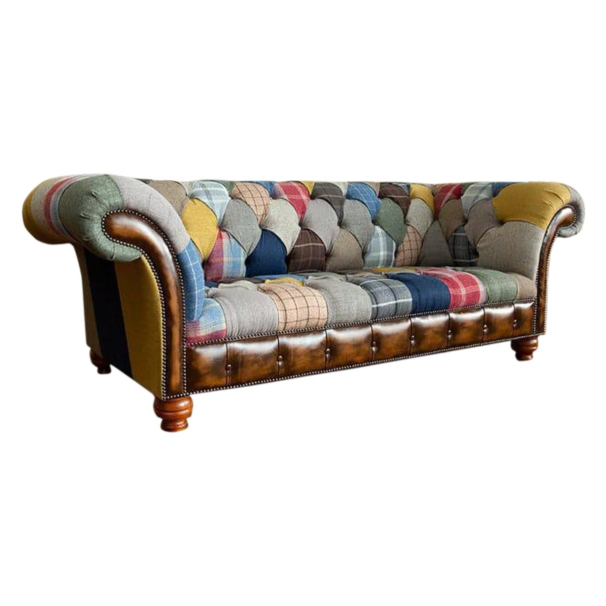 top selling fabric and leather chesterfield style sofa 3 seater multicolor sofa for living room sofa set in fabric tufted seats