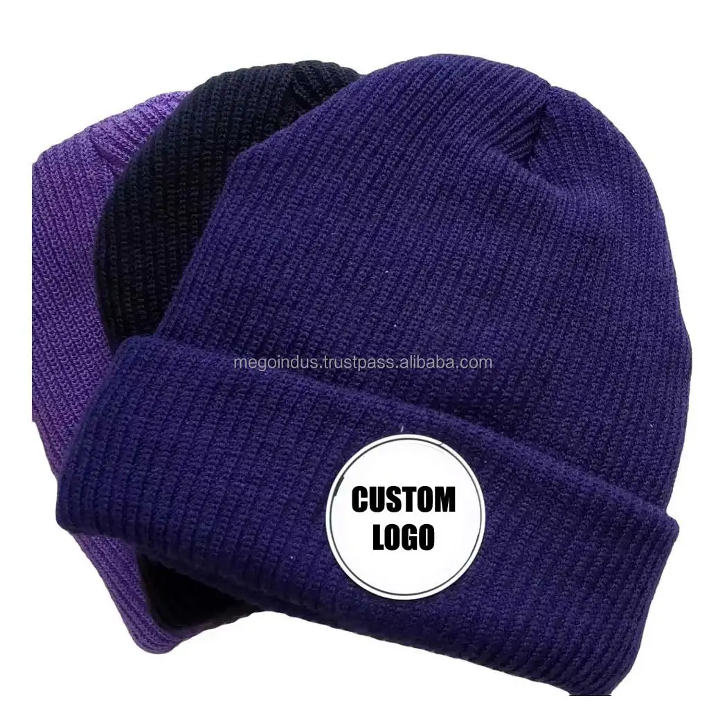 Winter Hats Cap with PVC Patch High Quality 100% Acrylic Cap Custom Logo Knitted Cuffed Beanie For Womens Men