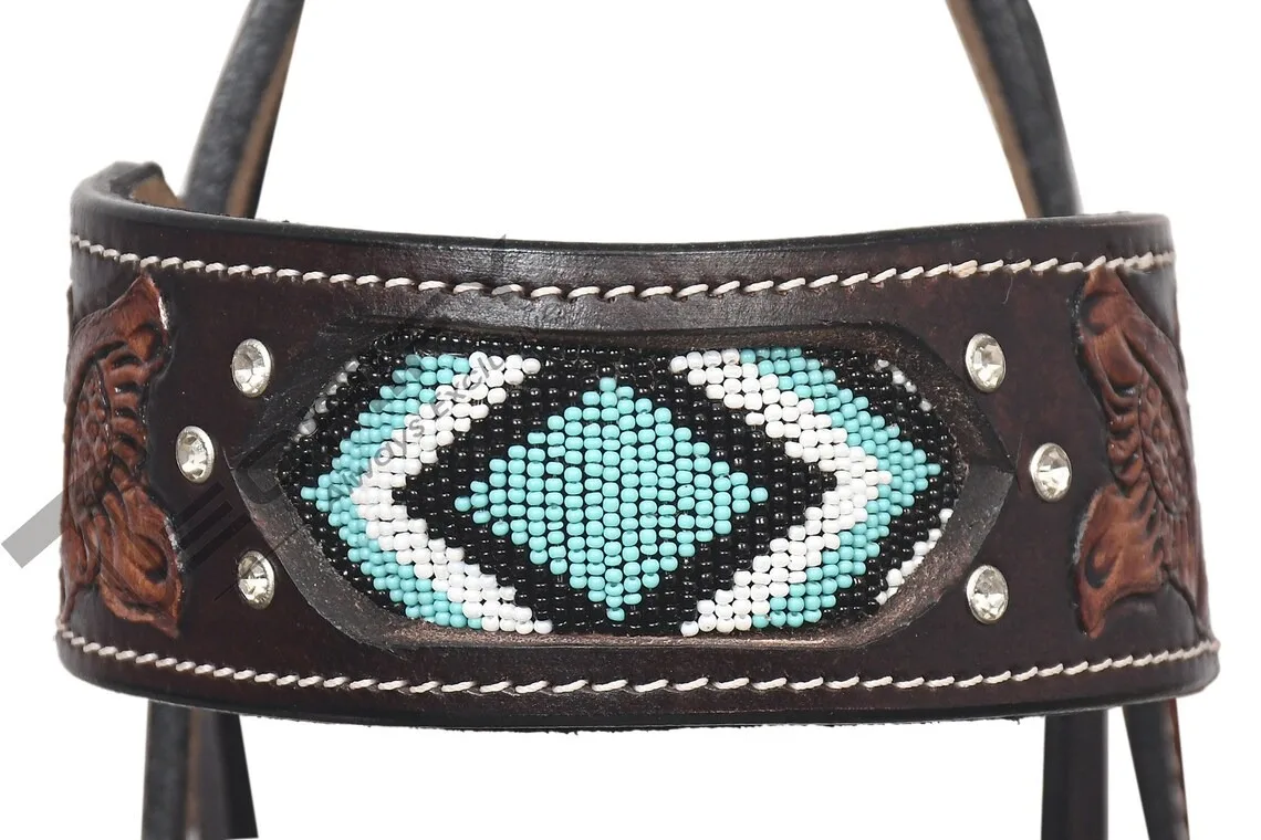 Genuine Leather Western Beaded One Ear Headstall & Breast Collar Set at affordable price