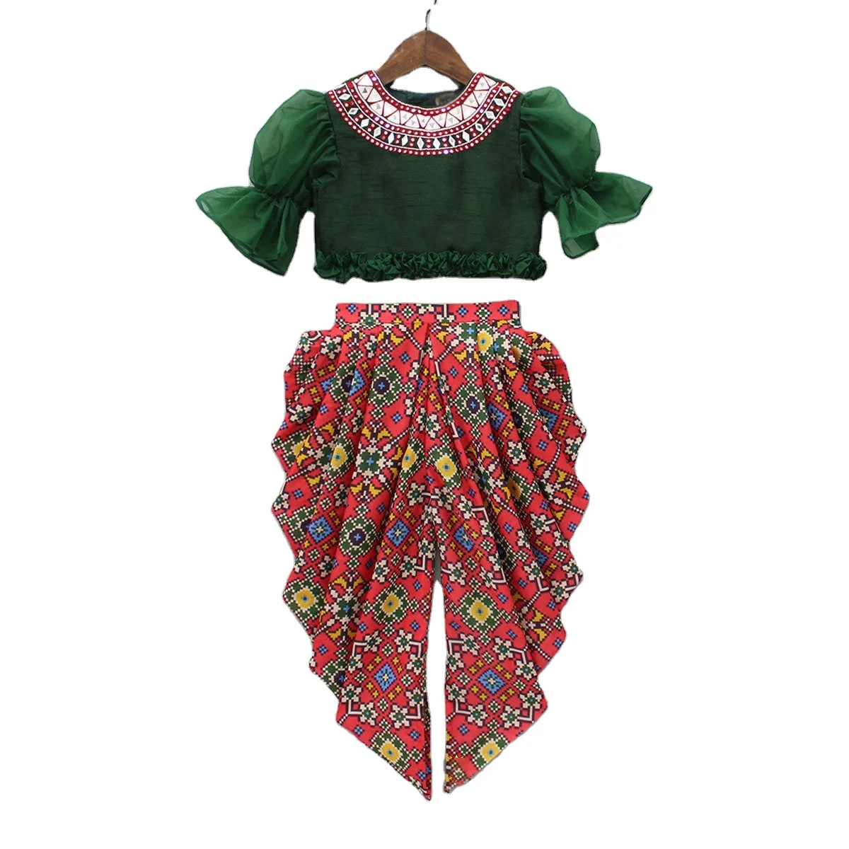 Fashion Clothing Girls Indian Patiala Punjabi Kids Wear Mirror Threadwork Green Top Patola Printed Dhoti finest elements