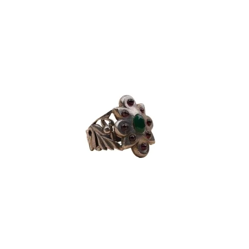 Wholesale Priced Shiny Floral Pattern Ruby Emerald Stone Studded Silver Oxidised Plated Rings Cute Gift College Girls Fashion