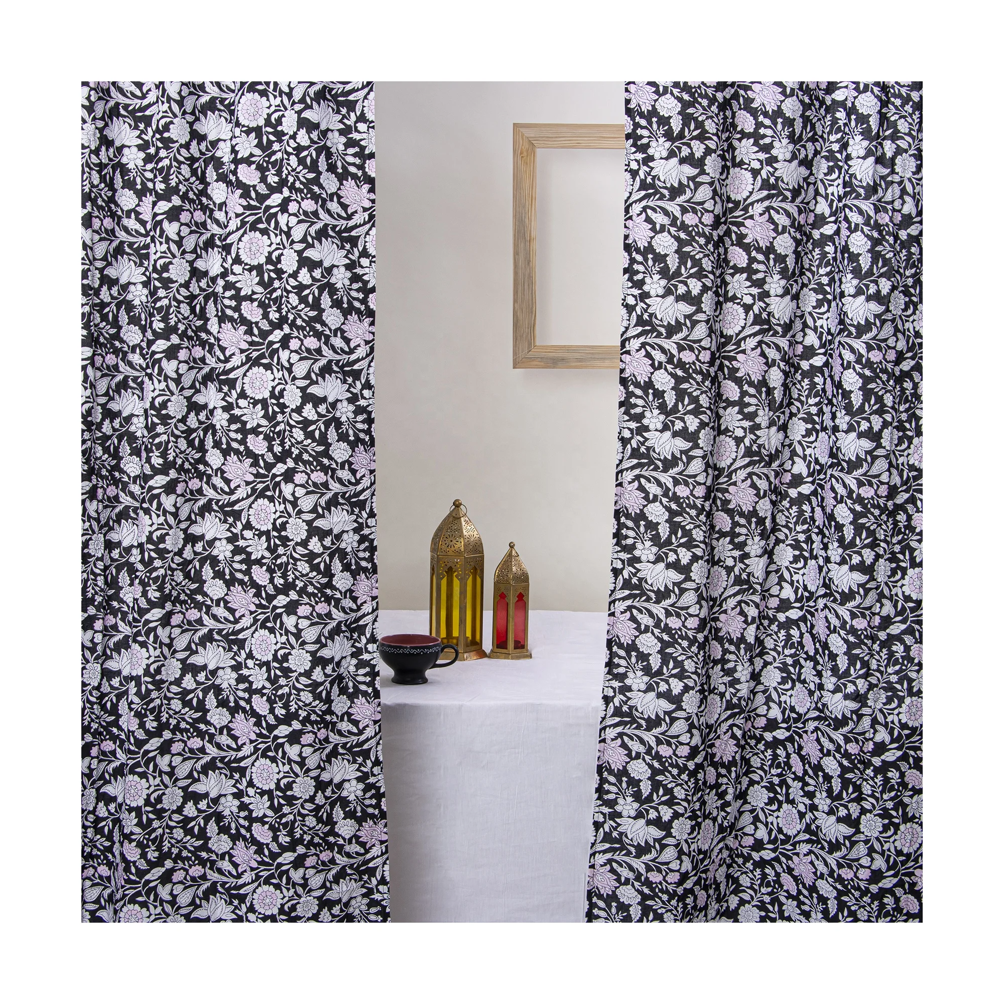Curtain Best quality 100% cotton floral printed black curtain for living room door & window soft handmade sheer curtain