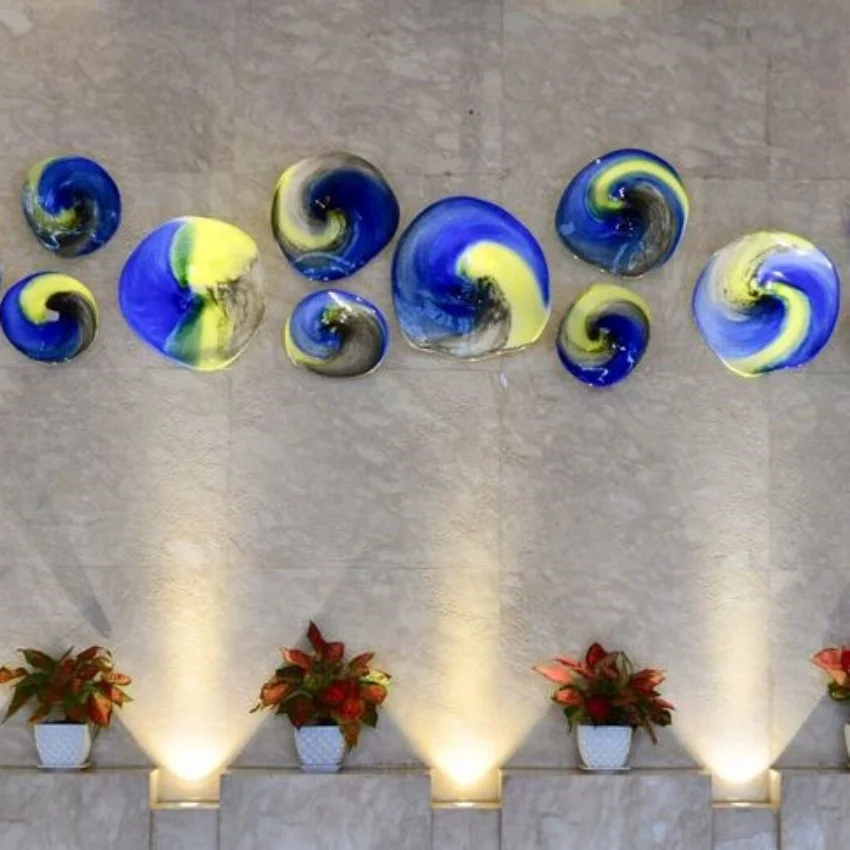 Lotus Flower Glass Plate Wall Art Decoration Handmade Master Carton Murano Glass Modern Custom Made Hand Blown Decorative Blue