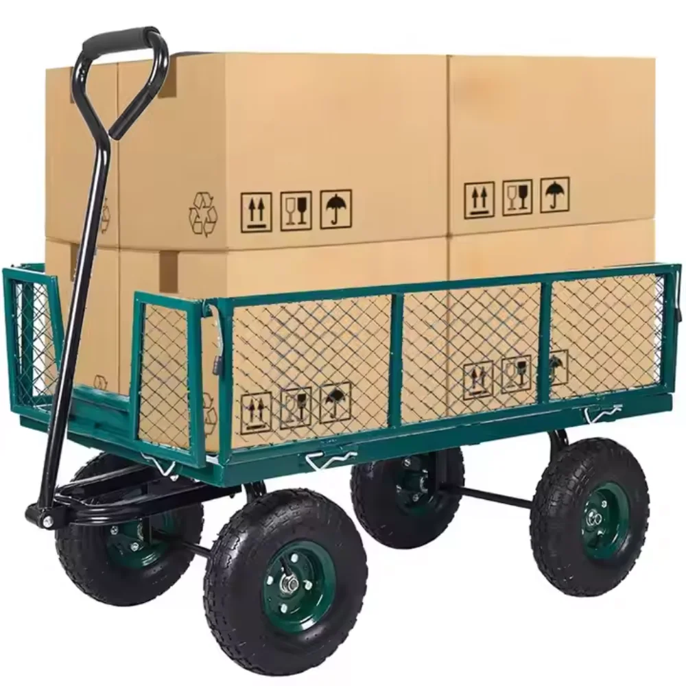 Heavy-Duty 4-Wheel Hand Trolley Garden Utility Cart Modern Design Folding Sides Platform Dolly for Industrial and Home Use