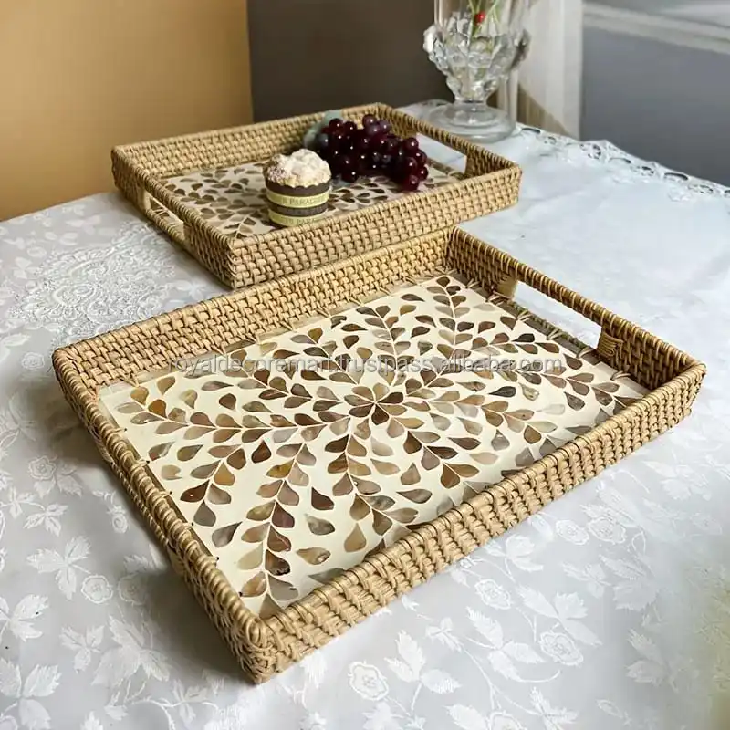 High quality best selling Natural EID Ramadan holiday Rectangle Rattan MOP Serving Tray With Handles  By Royal Decor Mart