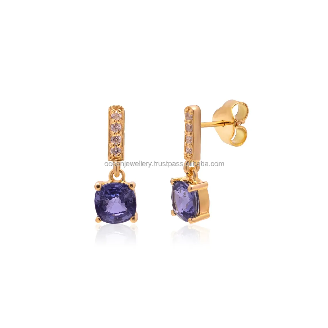 Wholesale 14k Yellow Genuine Blue Sapphire and Diamond 14K Yellow Gold Earrings Drop Earring For Women