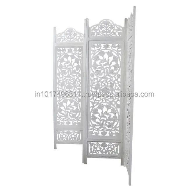Handcrafted 4 Panel Wooden Room Partition & Divider ( White) Solid Wood Decorative Screen (Free Standing)