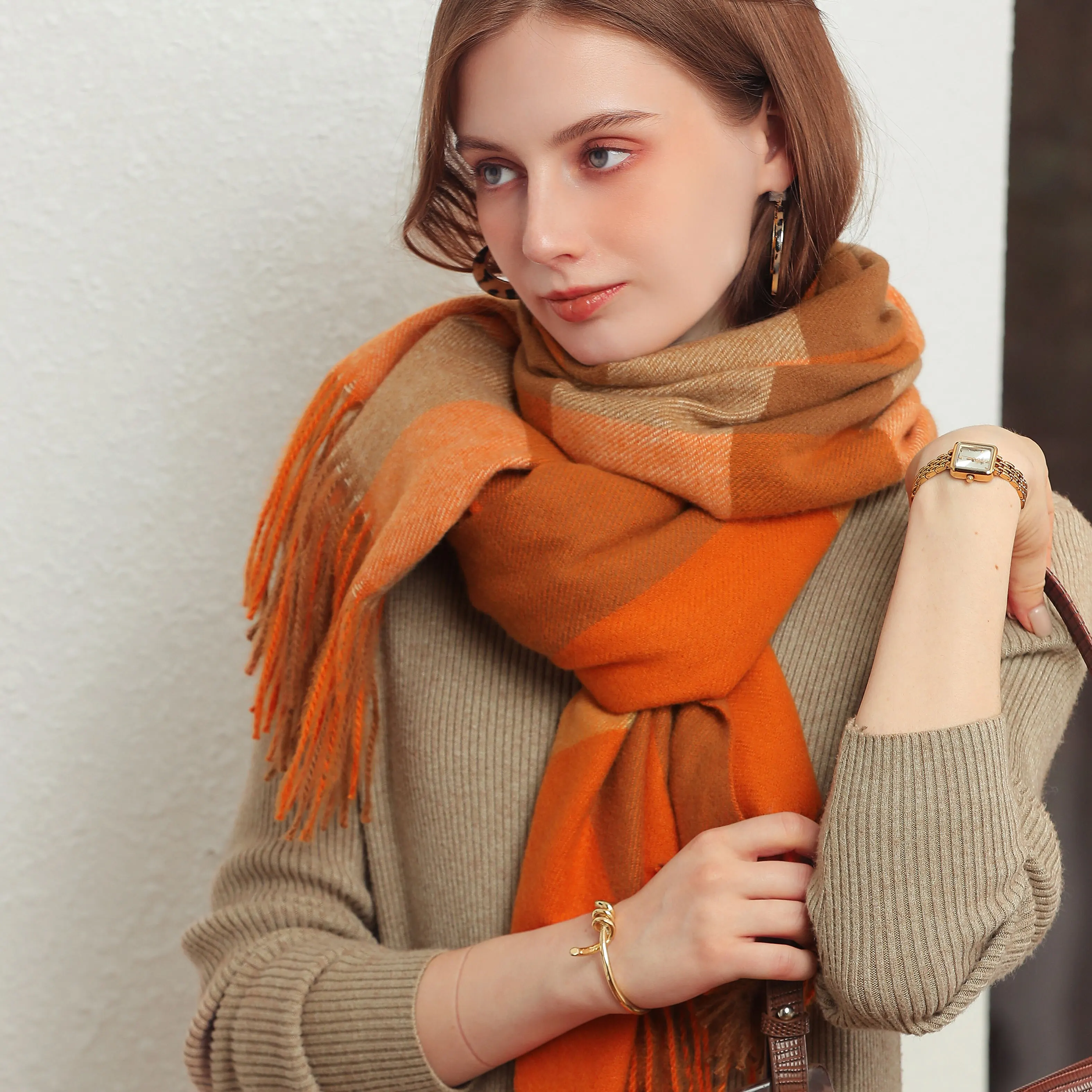 Winter Sweet Style Fringed Cashmere Women Scarf Outdoor Plaid Long Wrap Shawl
