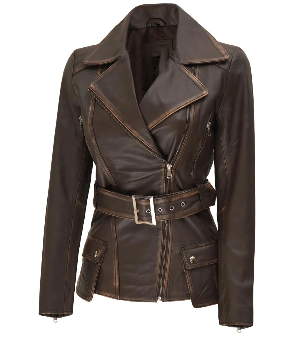 Super New Stylish Womens Brown Asymmetrical Distressed Long Leather Jacket Fully Customized With Two zipper and two flap pockets