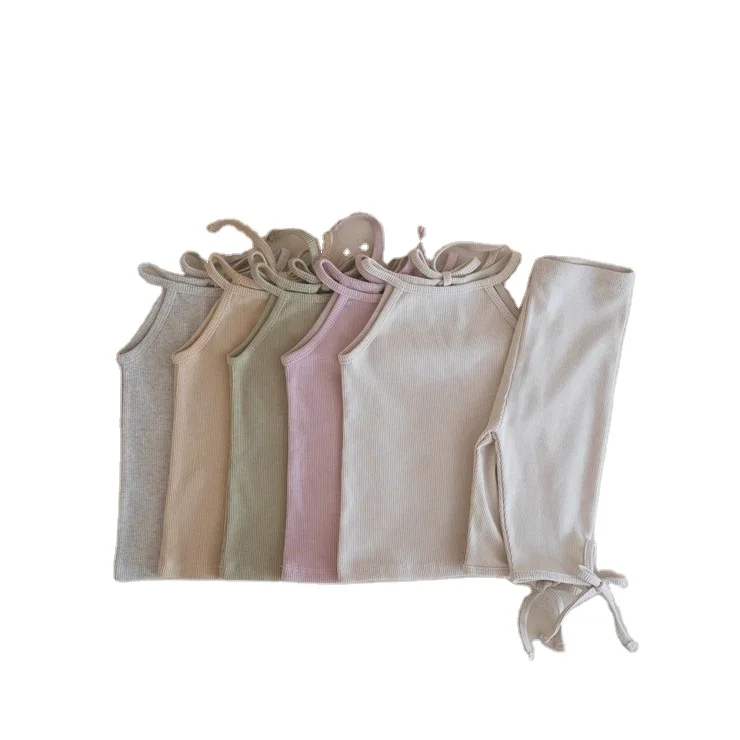 Toddler Tie-Back Ribbed Halter Tank Top and Shorts Set Girls Summer Sleeveless Rib Outfits