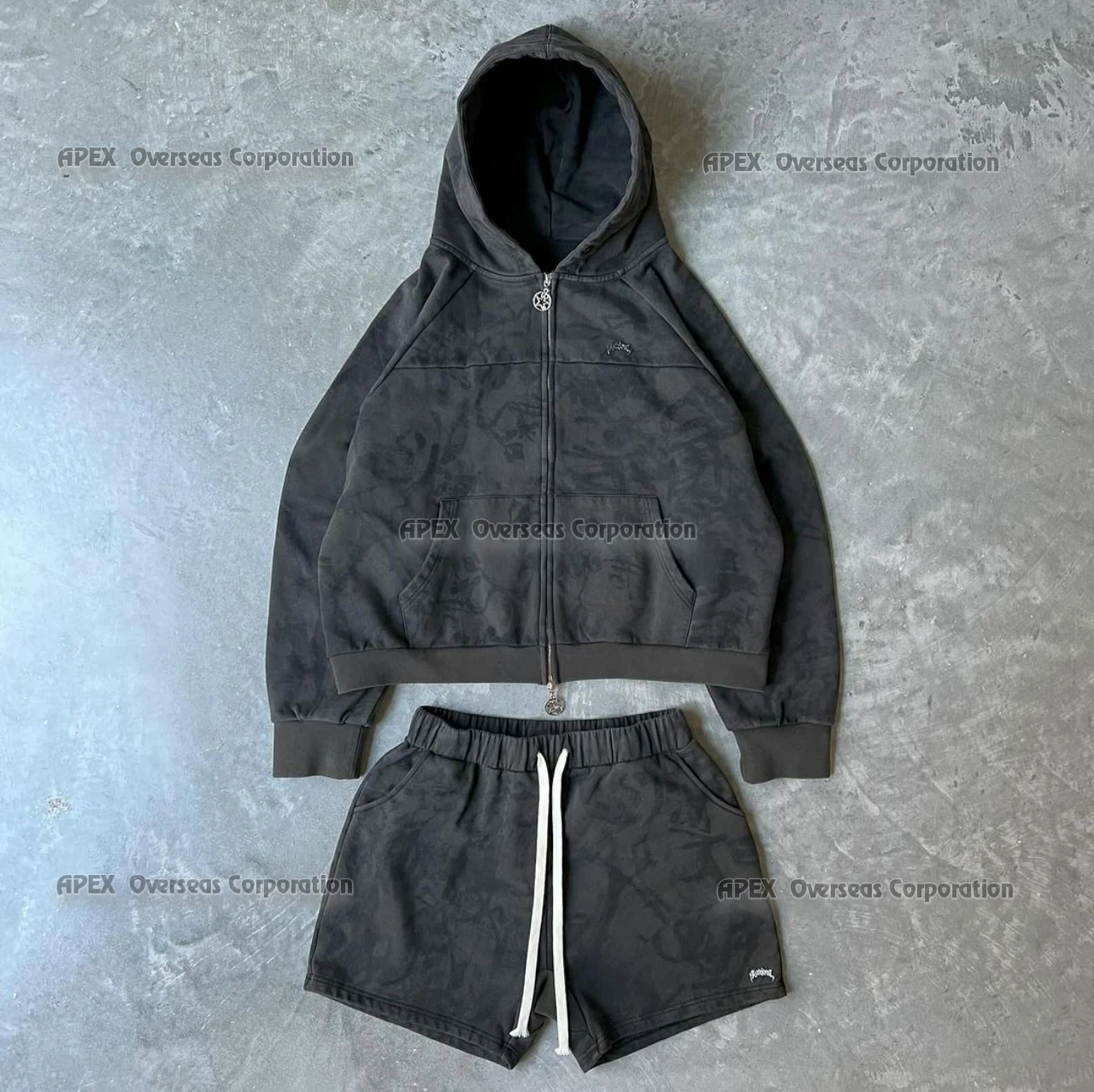 Manufacturers Full Zip Stone Wash Hoodie and Short Sets Men Blank Acid Washed Zip Up Hoodie with Own  Custom Logo