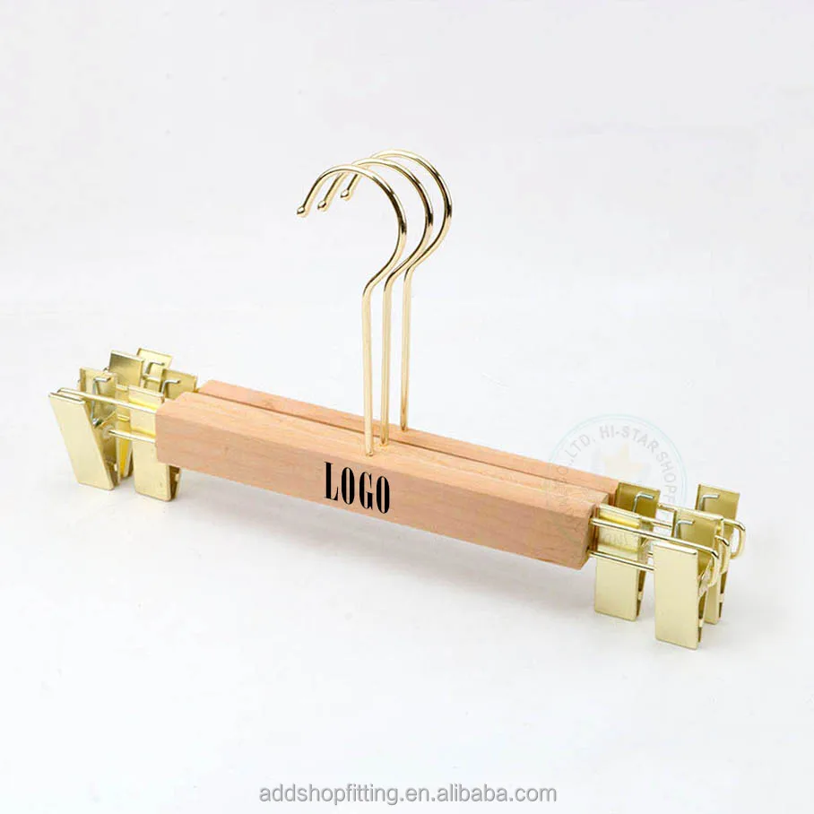 Custom logo wood wooden clip clothes trouser pants hanger