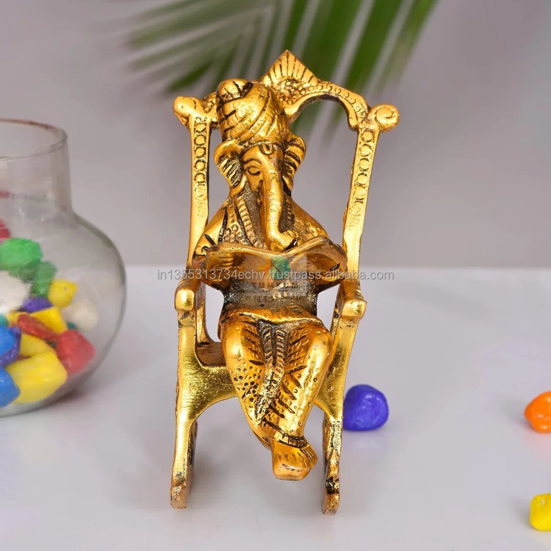 Lord Ganesha Reading Statue Handicraft Figurine of Ganesh Vinayak Puja Idol Decorative Metal Craft Showpiece Return Gift