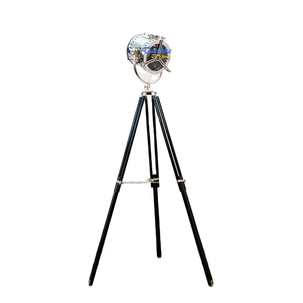 Vintage Decorative Nautical Marine Searchlight with Wooden Tripod Floor Stand Home Bedroom Corner Decor Spotlight