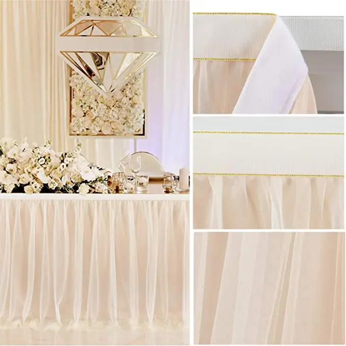 6FT Champagne Beige Tulle Table Skirt Tutu Table Skirts for Wedding Birthday Party Baby Shower Bridal Shower Home Decor