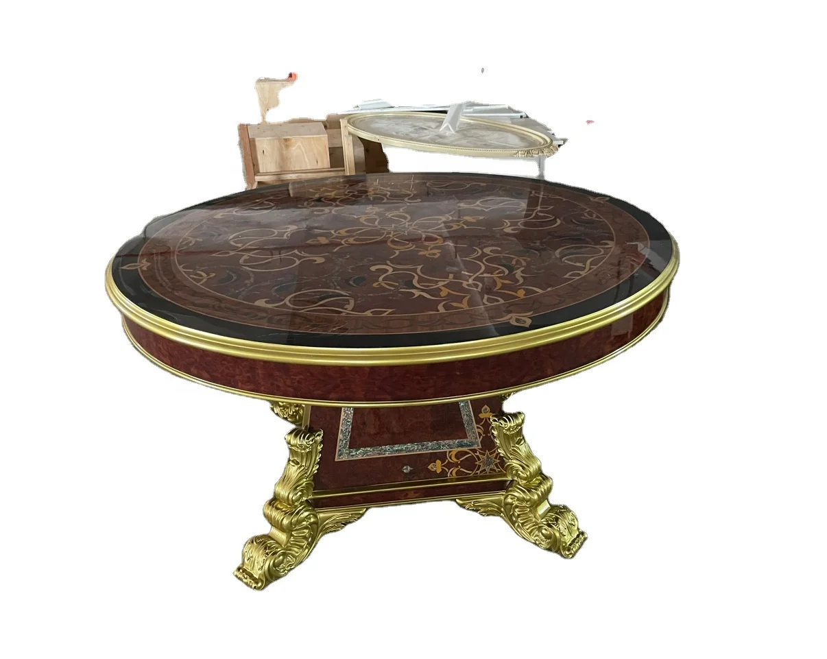Handmade Luxury Italian Dining Table Set Solid Shiny Brown Wood Round/Circle Vintage Pearl Shell Antique Home