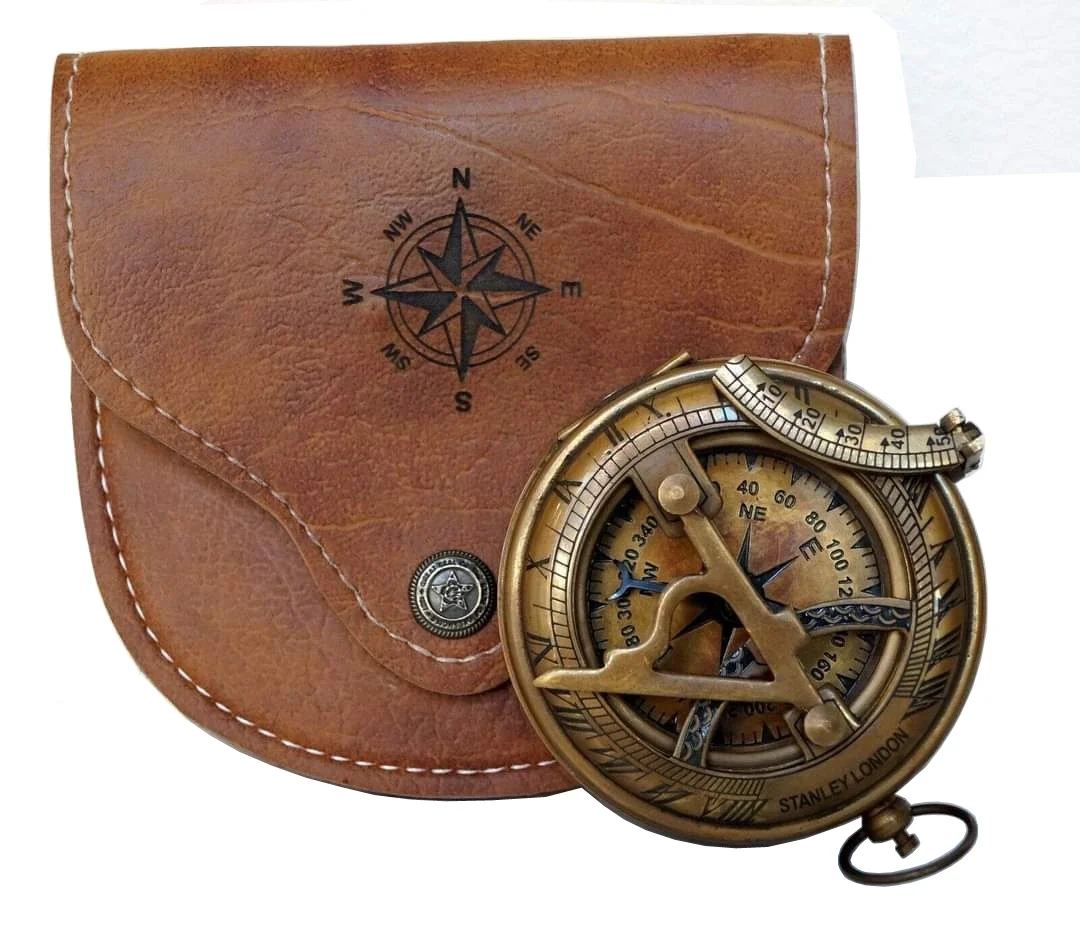 Top Selling Brass Antique Sundial Compass nautical vintage shiny brass flip cover outdoor compass with leather case