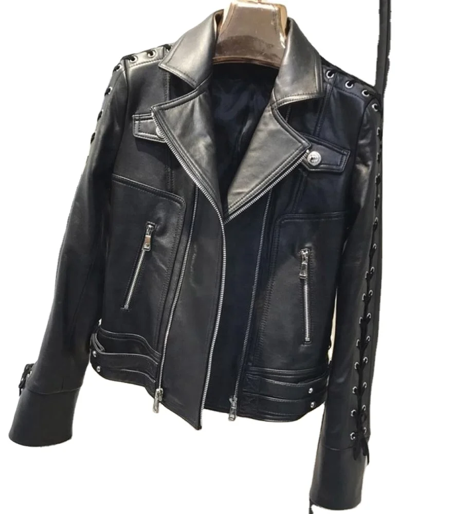 Ladies Black Real Lambskin Leather Coats Large size women Autumn winter New Faux leather jacket plus velvet slim long Ladies