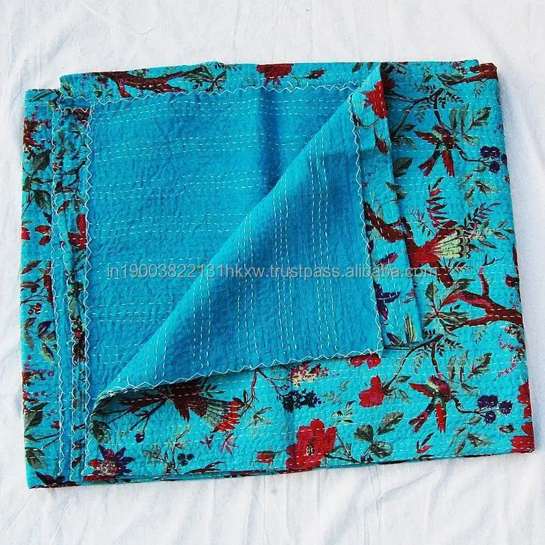Одеяло Kantha с бирюзовым цветочным принтом винтажное одеяло ручной работы двухместное бирюзовое покрывало хлопковое постельное белье