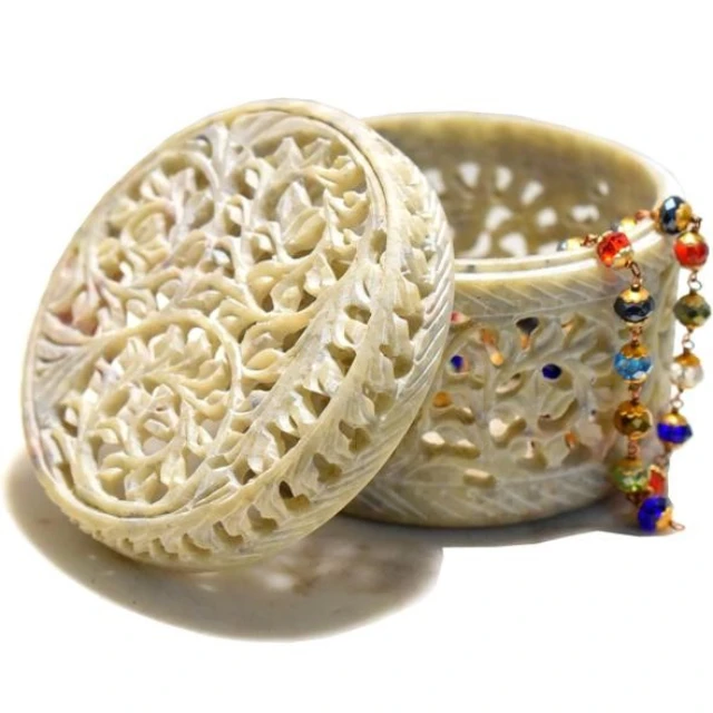 India Marble Soapstone Jali Work Decorative Stone Jewelry Box Attractive and Unique [4x 4]