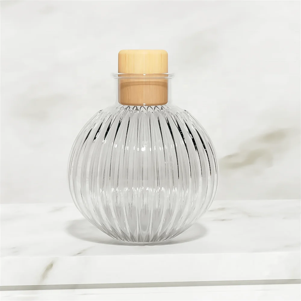 Custom Attar Bottles Ribbed Refillable Perfume Glass Spray Reed Oil Diffuser Bottle with Cork Stopper