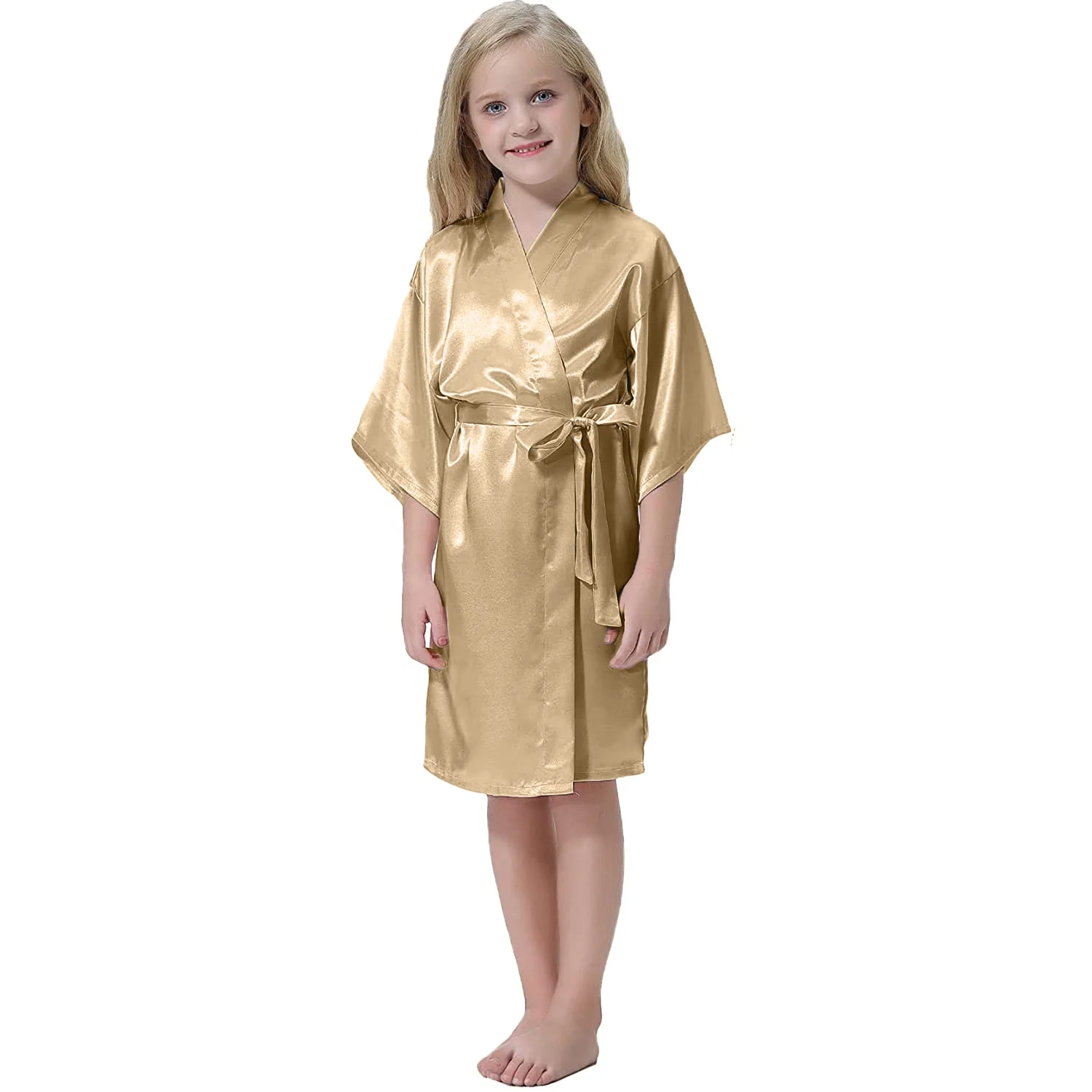 Kid Bathrobe with Adjustable Belt Silk Satin Kimono Robe Sweet Nightgown  6010