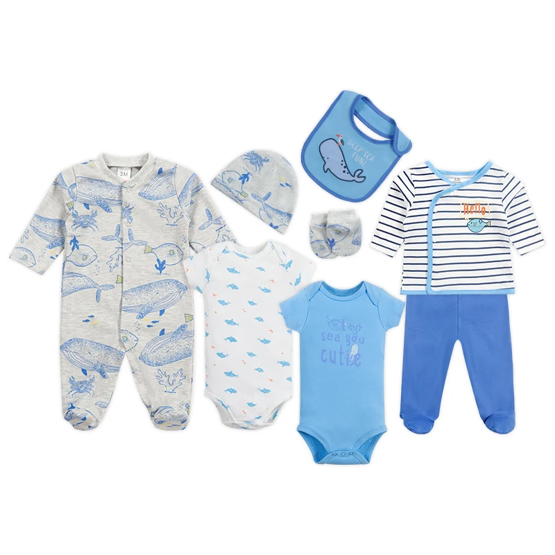 Fashion 8pcs New Born Clothing Sets  Cotton Infant Boy Baby Footed Pajamas Romper Gift baby christmas clothes