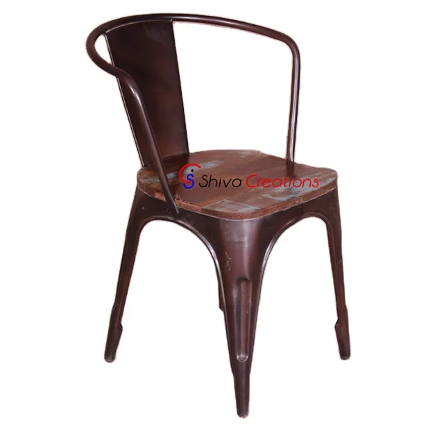 Vintage Industrial Restaurant Garden Outdoor Furniture  Wooden Seat Stackable Metal Iron Dining Chairs