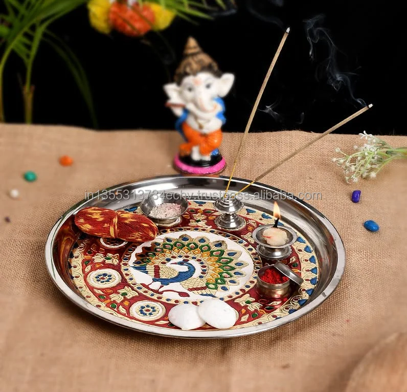 Pooja Thali Meenakari Designer Stainless Steel Puja Thal Thali for Home & Temple with Deepak Small Bowl Incense Sticks Stand