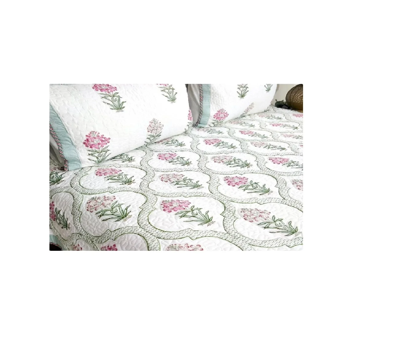Premium Quality   Indian Hand Block Printed Blue Floral Handmade Cotton Quilted Bed Cover  With Pillow Cover