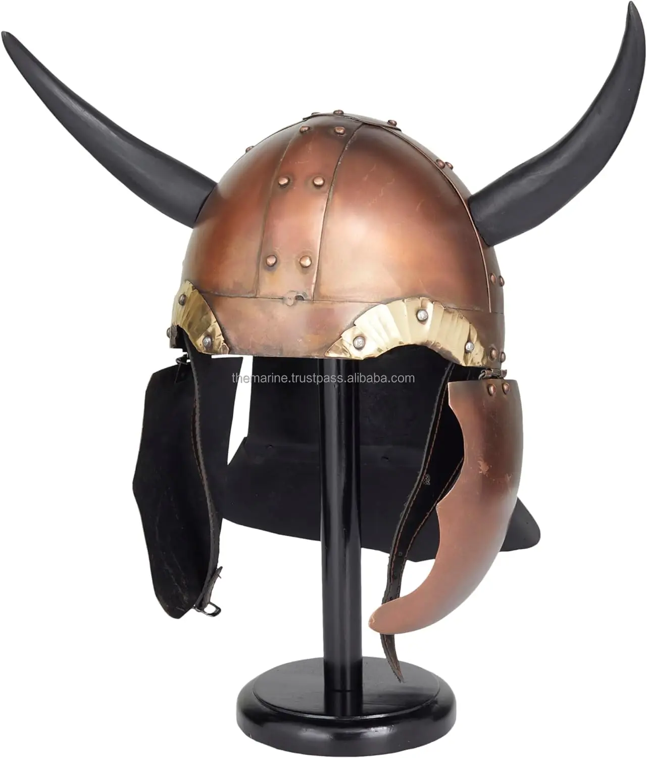 Handcrafted 18 Gauge Steel Copper Medieval Knight Viking Horn Helmet with Black Wood Stand