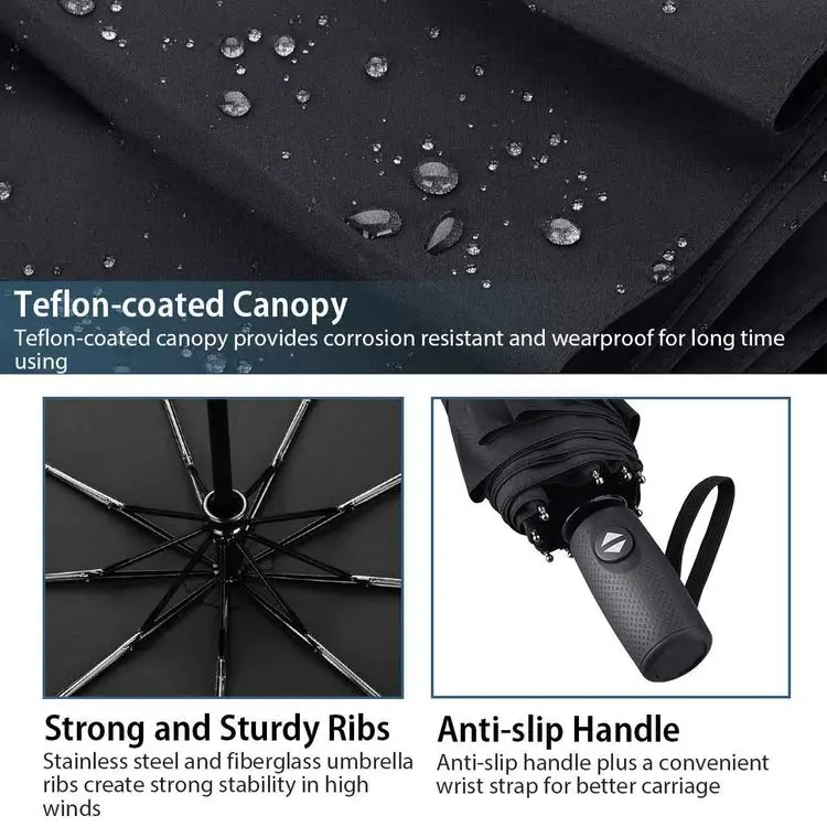Automatic 3 Folding Black Windproof Compact Lightweight wholesale travel top quality black windproof auto open close Umbrella