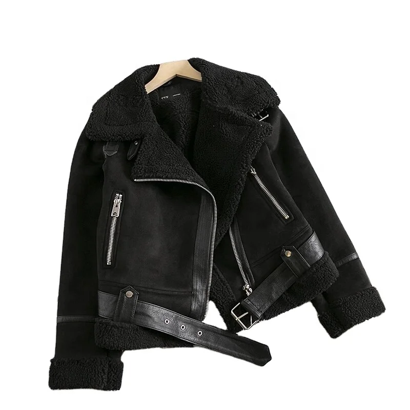 OEM customised Winter Women Faux Shearling Sheepskin Faux Leather Jacket Lady Thick Warm Suede Lamb Short Moto Biker Black Coats