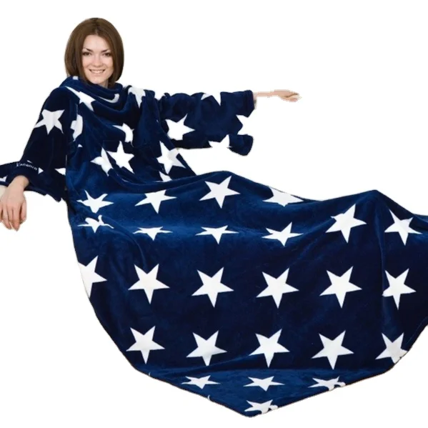 100% POLYESTER HIGH QUALITY COZY WEARABLE FLEECE TV BLANKET WITH SLEEVES AND KANGAROO STARS PACKED IN A GIFT BOX  WHOLESALE