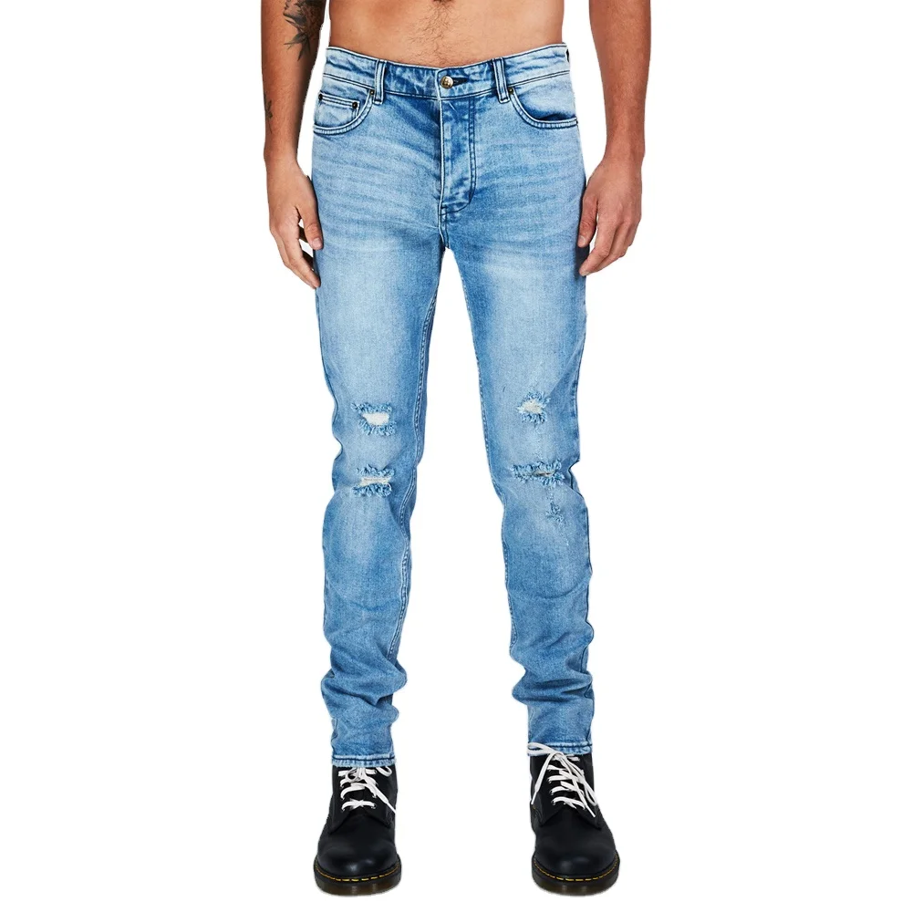 Hot selling high quality stretch skinny biker men jeans with ripped selvedge monkey wash elastic slim