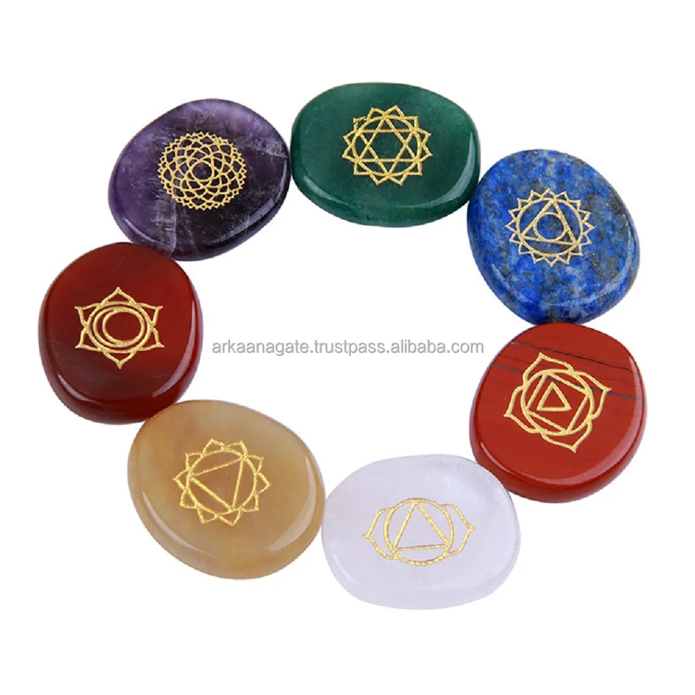 Wholesale Energy Charged Crystal Disc 7 Chakra Engraved Set Gemstones hand polished chakra crystals healing For Meditation