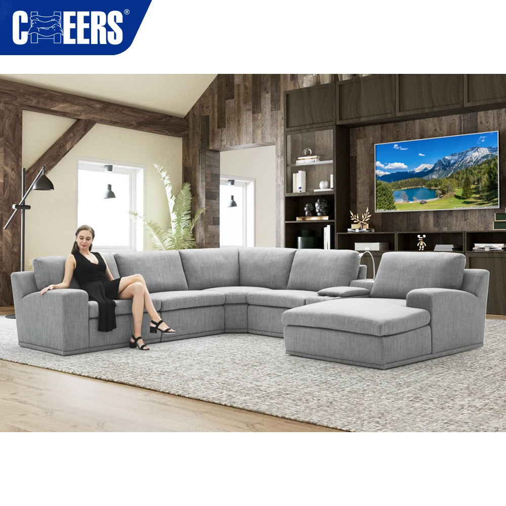 MANWAH CHEERS Fabric Skin-friendly Living Room Sofa 5-Seater Recliner Sectional Sofa with Chaise and Console for Living Room