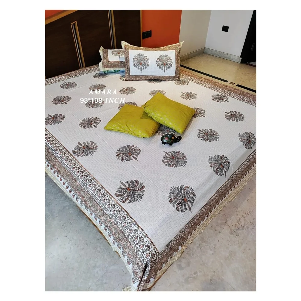 AMBS002 Latest Premium Collection  Amara & Masakali 93x108 With 2 Hand Block Cushion Covers Premium Queen Size Bed Sheets