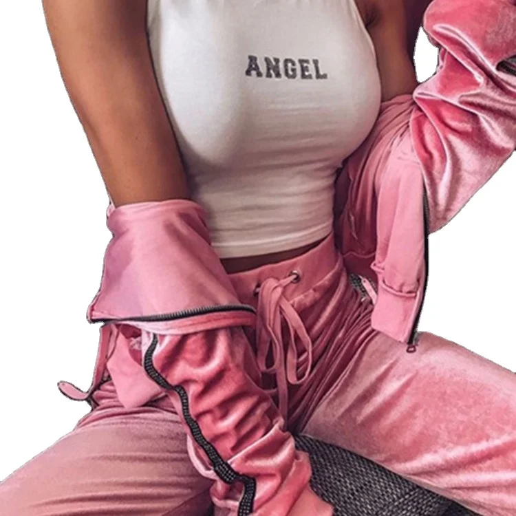 TANAZAINRA  Custom ladies Winter Plain Zip Pink Two Piece Set Velour Hoodie Tracksuits for Women
